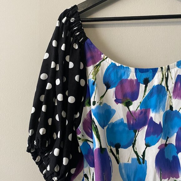 Handmade Plus Size Cotton Blue Floral Black White Polka Dot Dress - Picture 3 of 14